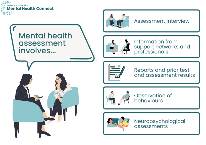 Graphic of information in text- key components of a mental health assessment